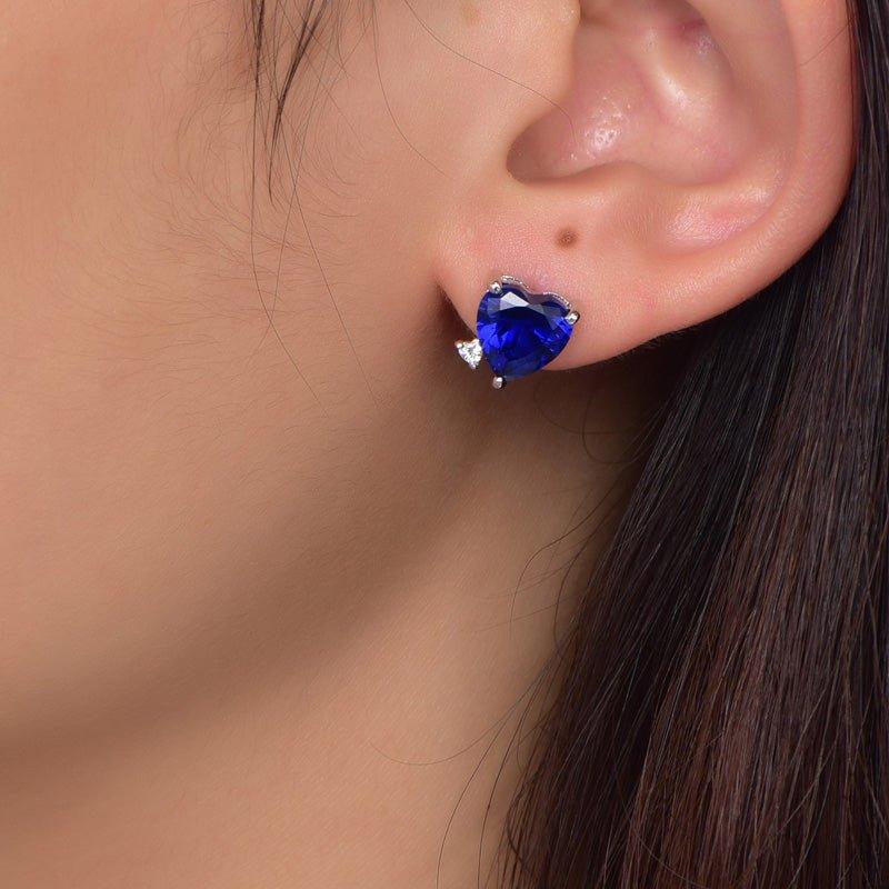 Cute Blue Sapphire And White stone Heart Cut Stud Earrings In Sterling Silver - Trendolla Jewelry