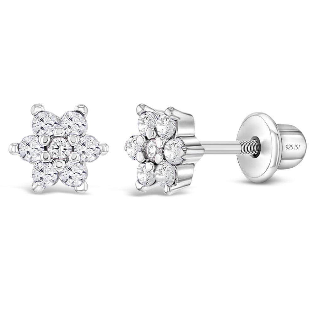 CZ Cluster Flower Sterling Silver Baby Children Screw Back Earrings - Trendolla Jewelry