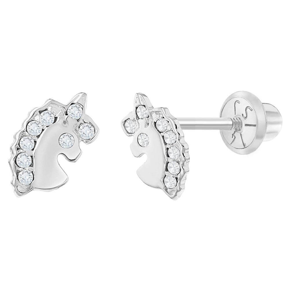 CZ Unicorn Sterling Silver Baby Children Screw Back Earrings - Trendolla Jewelry