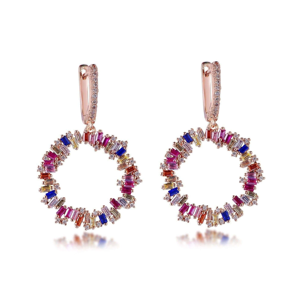 Dangle Hoop Earrings with Charm Rainbow Cubic Zirconia Round - Trendolla Jewelry