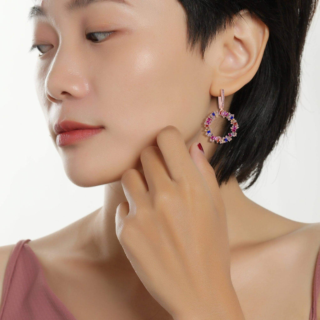 Dangle Hoop Earrings with Charm Rainbow Cubic Zirconia Round - Trendolla Jewelry