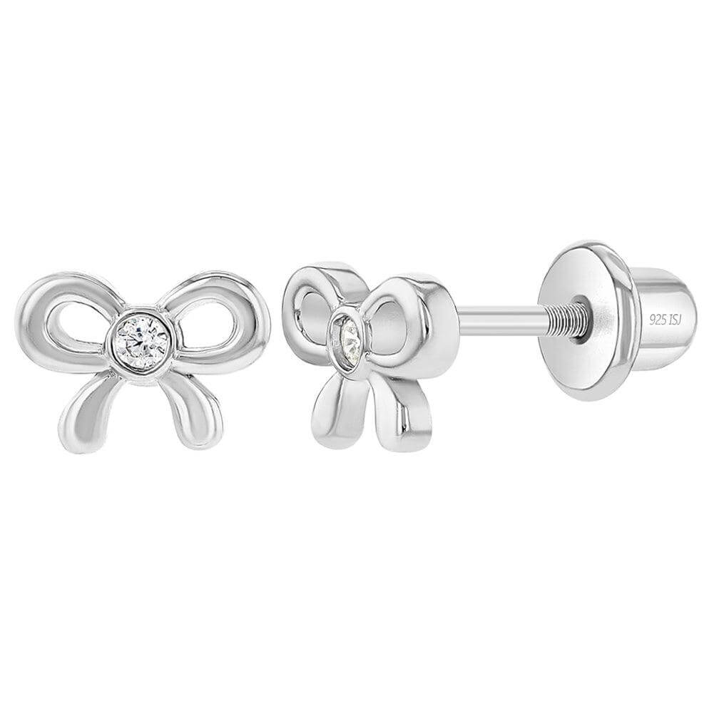 Delicate CZ Bow Sterling Silver Baby Children Screw Back Earrings - Trendolla Jewelry