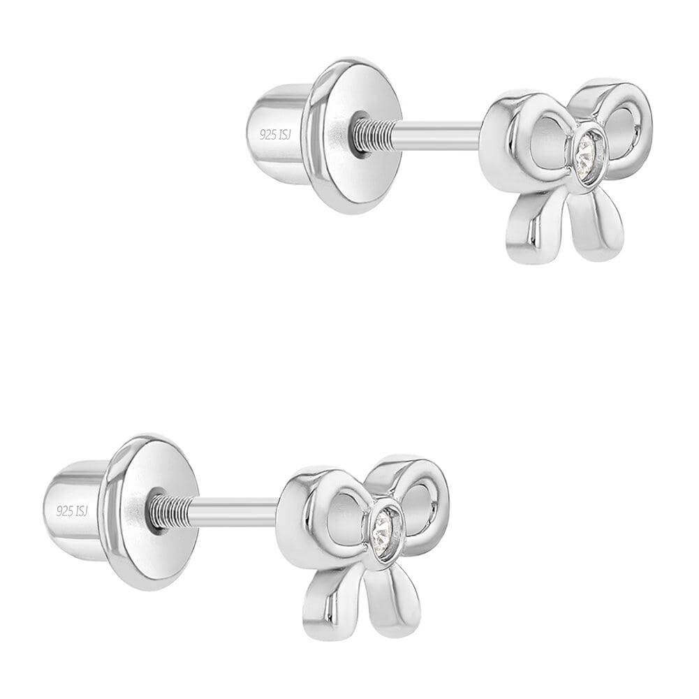 Delicate CZ Bow Sterling Silver Baby Children Screw Back Earrings - Trendolla Jewelry