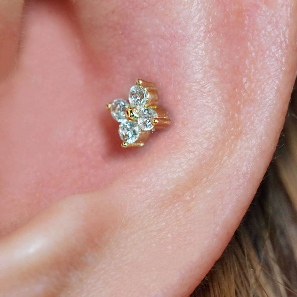 Crystal Four Leaf Clover Ball Back & Flat Back Cartilage Earrings