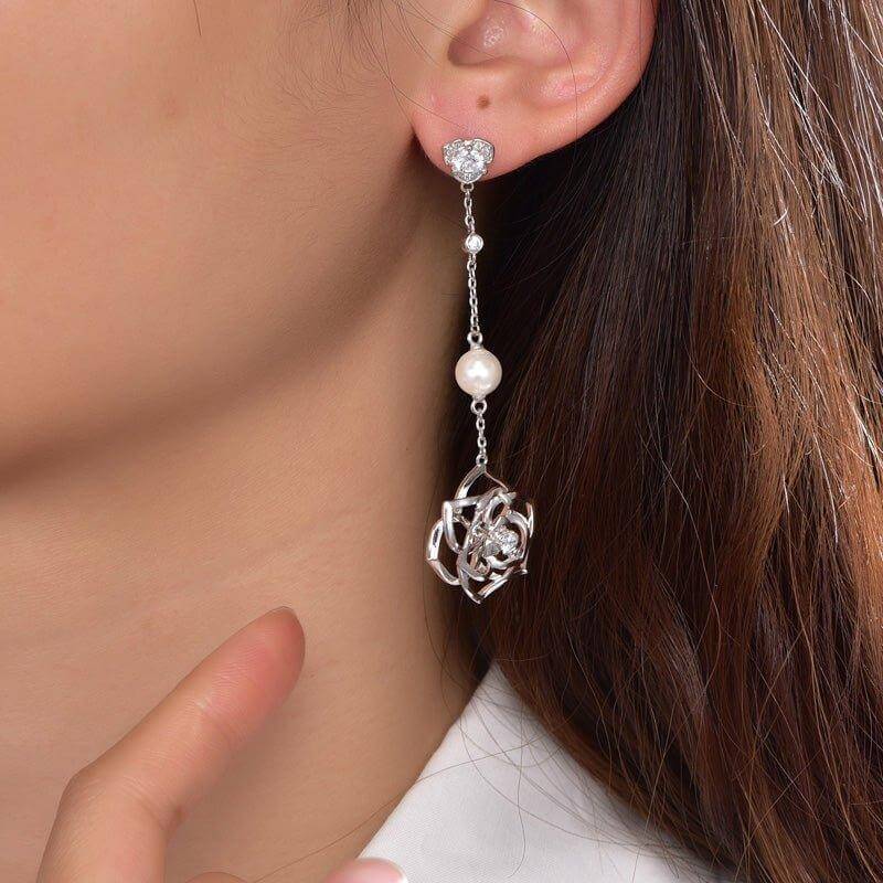 Elegant Rose White Stone and Pearl Drop Earrings In Sterling Silver - Trendolla Jewelry