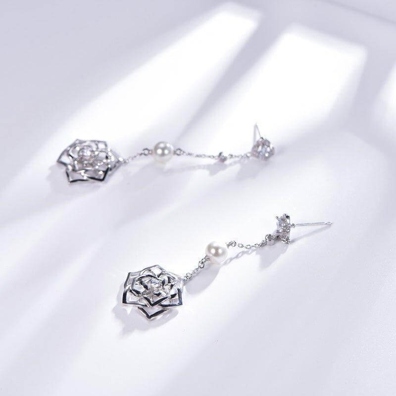 Elegant Rose White Stone and Pearl Drop Earrings In Sterling Silver - Trendolla Jewelry