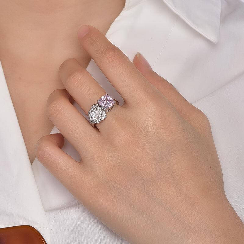 Flower And Rose Quartz Cubic Zirconia Diamond Engagement Ring Toi et Moi Ring - Trendolla Jewelry