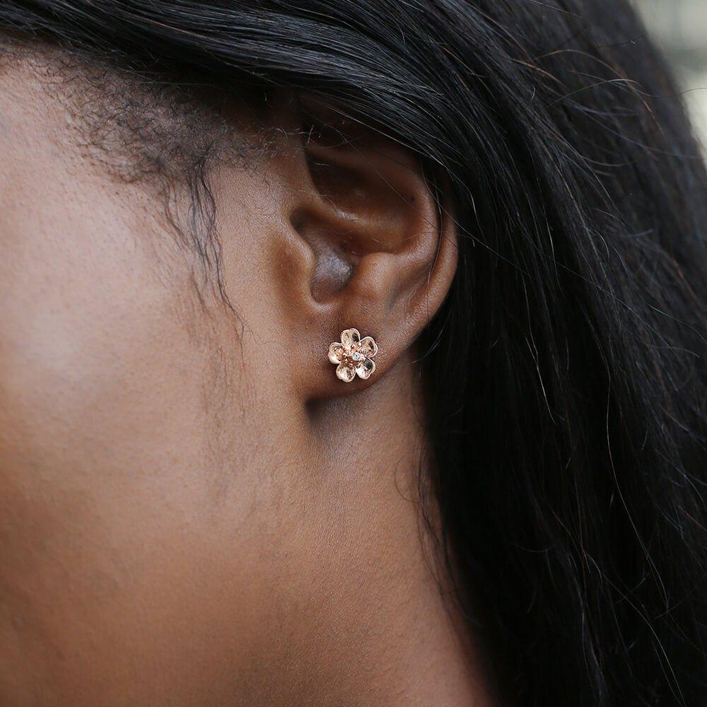 Flower Earrings Cubic Zirconia Diamond 18ct Rose Gold Plated Vermeil on Sterling Silver of Trendolla - Trendolla Jewelry