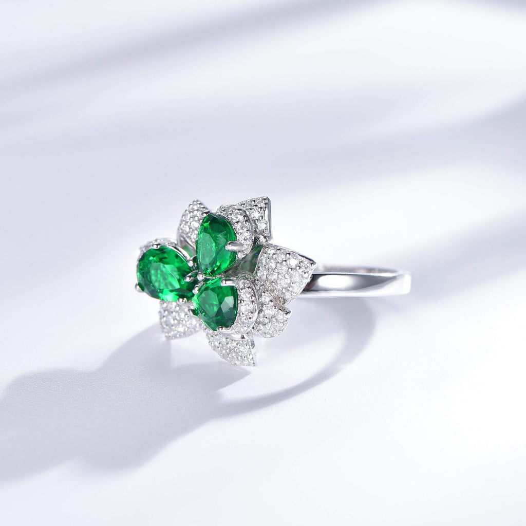 Flower Emerald Green Pear Cut Engagement Ring - Trendolla Jewelry