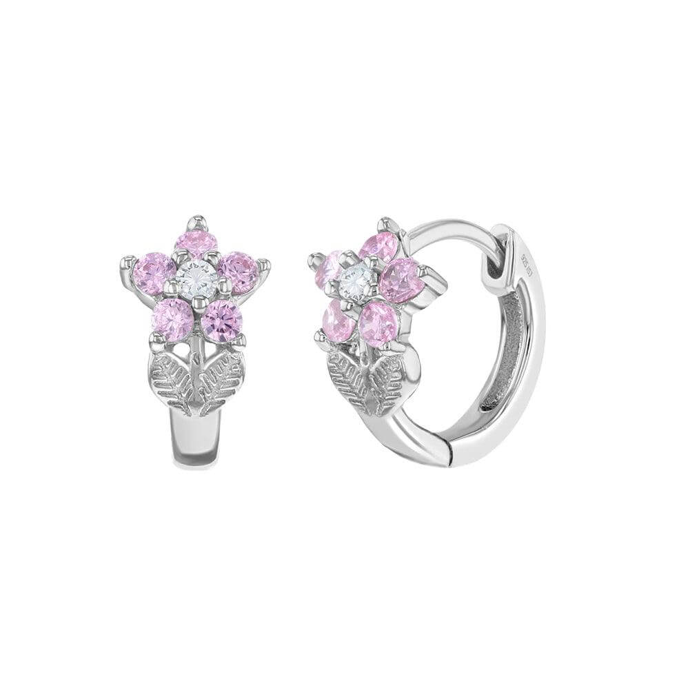 Flower with Stem 9mm Earrings Hoop Huggie Sterling Silver Baby Children Earrings - Trendolla Jewelry