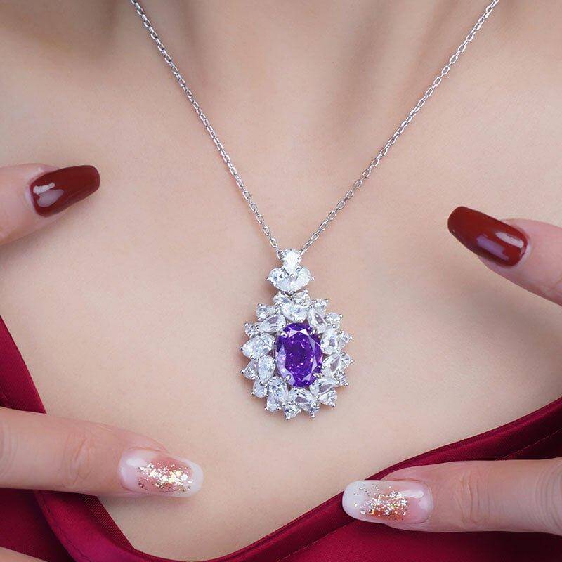 Natural Gemstone Necklace Purple Garnet Birthstone 925 Sterling Silver Diamond Pendant Necklace - Trendolla Jewelry