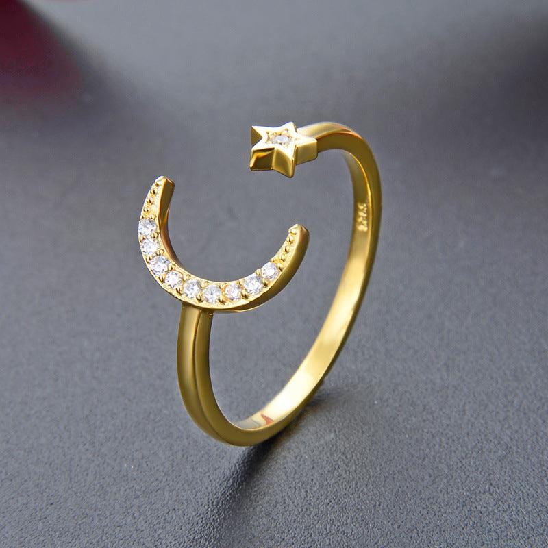 Gold Plated Sterling Silver Crescent Moon and Star Ring Adjustable Moon Ring - Trendolla Jewelry