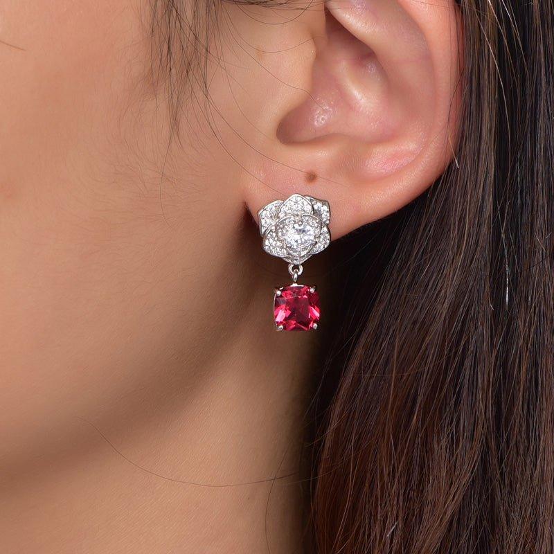 Gorgeous Flower Ruby Radiant Cut Drop Earrings In Sterling Silver - Trendolla Jewelry