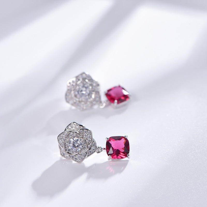 Gorgeous Flower Ruby Radiant Cut Drop Earrings In Sterling Silver - Trendolla Jewelry