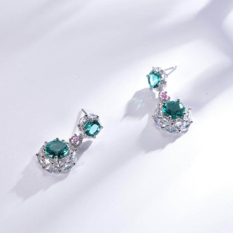 Halo Three Tone Emerald Green Drop Earrings In Sterling Silver - Trendolla Jewelry