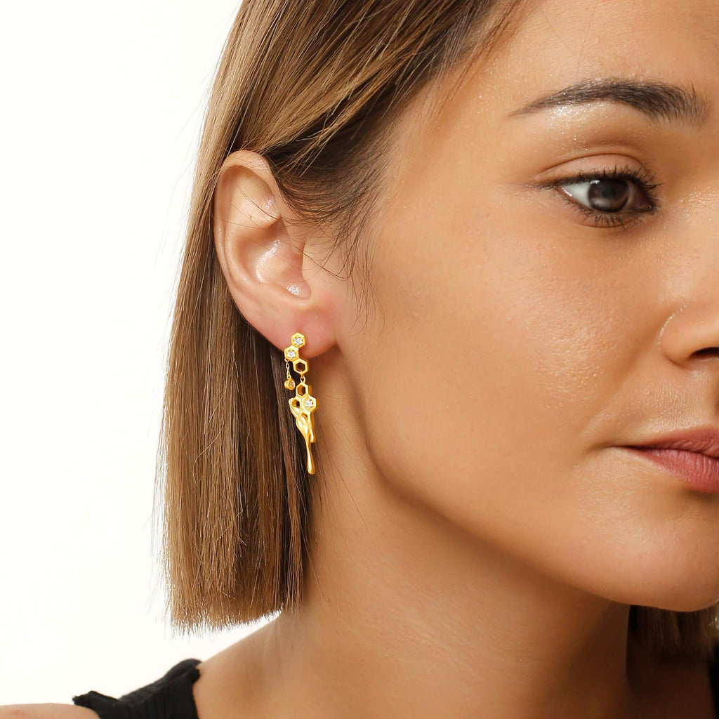 Gold Honeycomb Dangle Earrings Mak Collection - Trendolla Jewelry