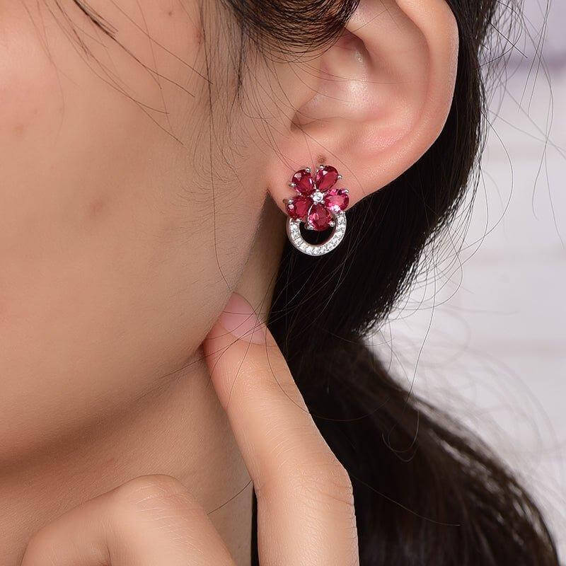 Hoop Earrings with Charm Rose Quartz Cubic Zirconia Flower - Trendolla Jewelry