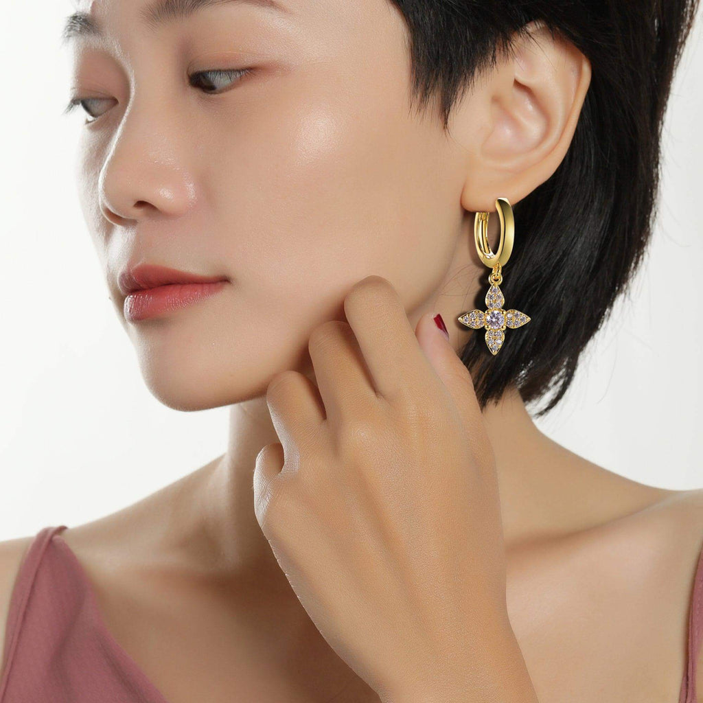 Huggie Hoop Earrings with Charm Crystal Cross Flower - Trendolla Jewelry