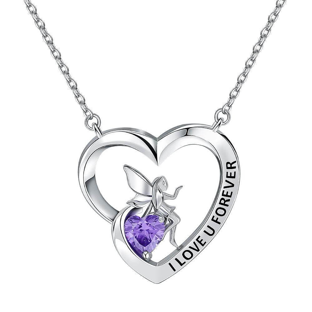 I Love U Forever Pendant Necklace with Angel and Love Heart Amethyst Birthstone - Trendolla Jewelry