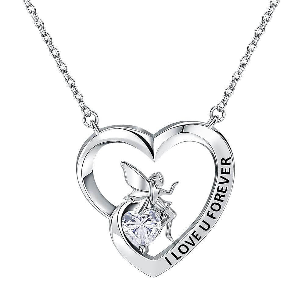 I Love U Forever Pendant Necklace with Angel and Love Heart Crystal Birthstone - Trendolla Jewelry
