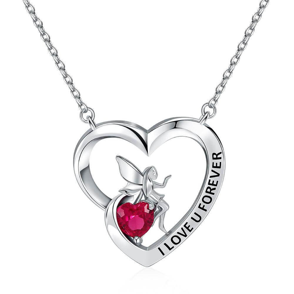 I Love U Forever Pendant Necklace with Angel and Love Heart Ruby Birthstone - Trendolla Jewelry