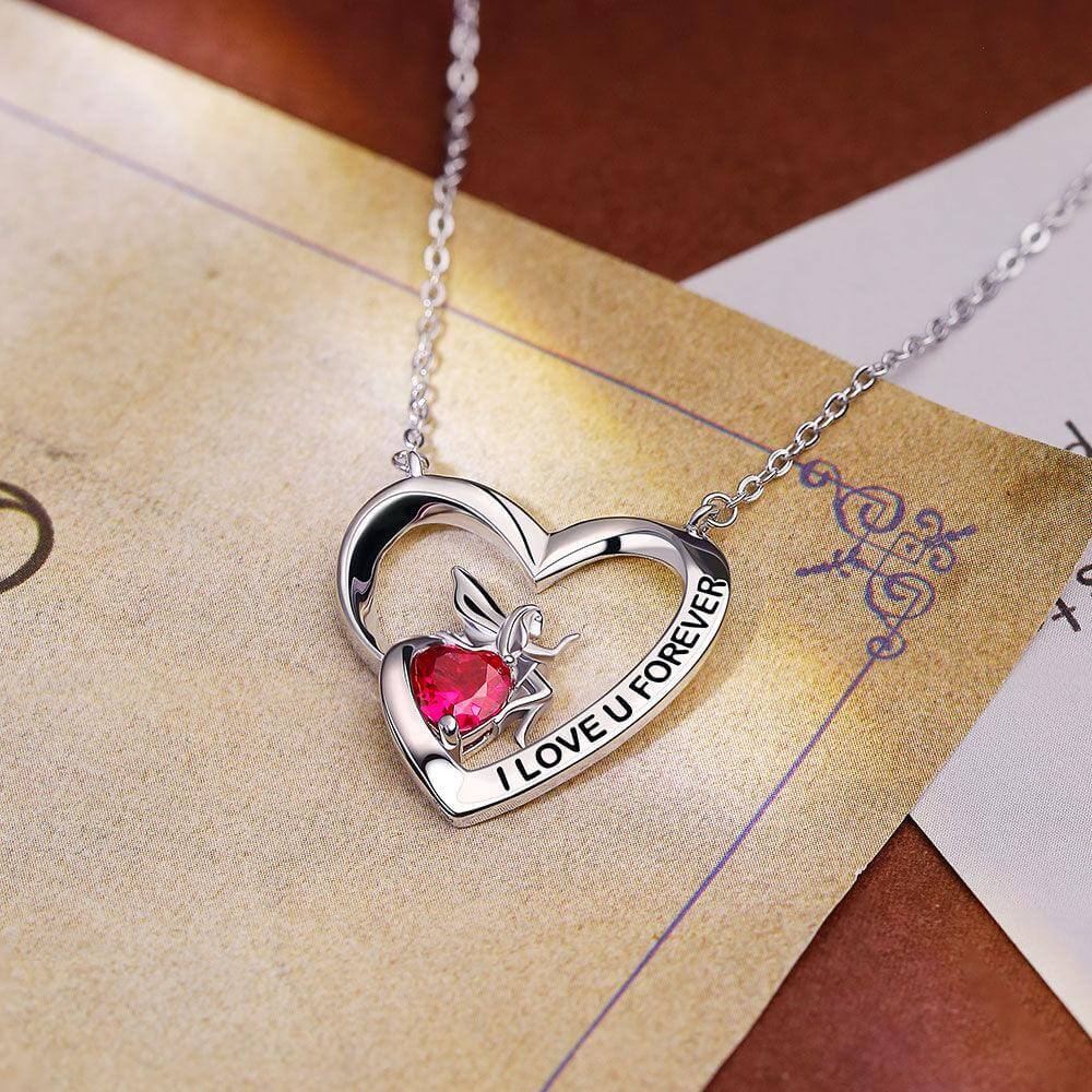 I Love U Forever Pendant Necklace with Angel and Love Heart Ruby Birthstone - Trendolla Jewelry