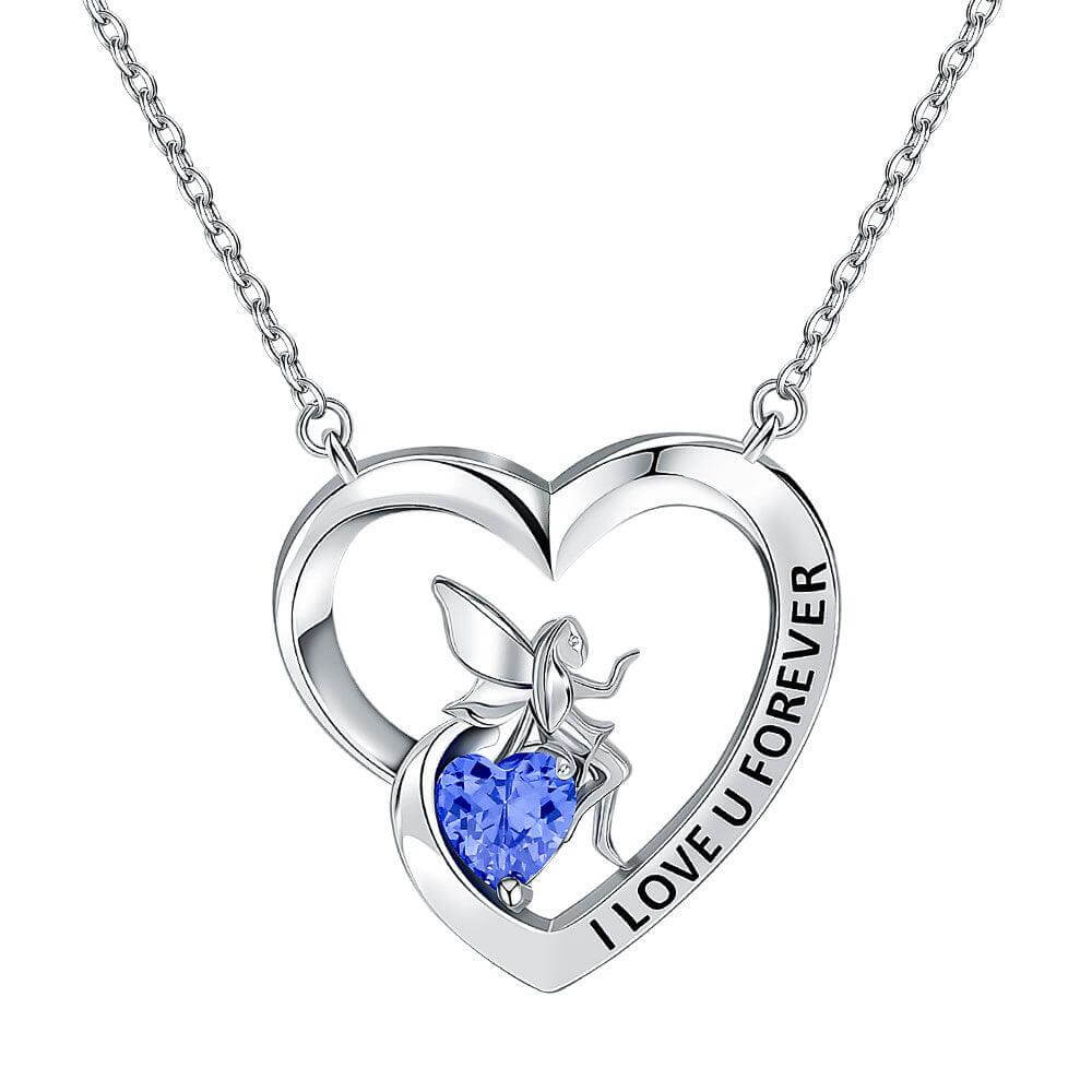 I Love U Forever Pendant Necklace with Angel and Love Heart Sapphire Birthstone - Trendolla Jewelry