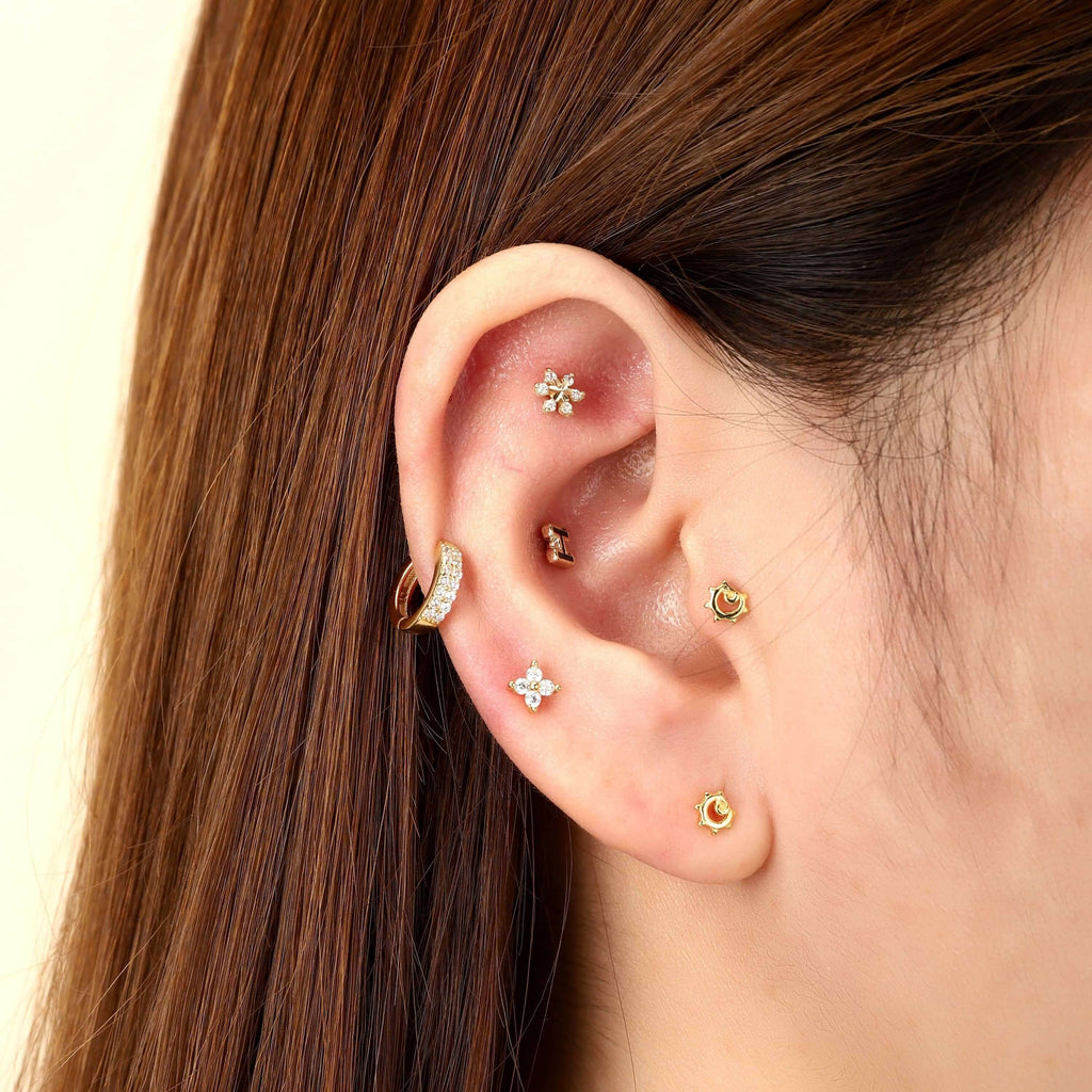 Crystal Four Leaf Clover Ball Back & Flat Back Cartilage Earrings