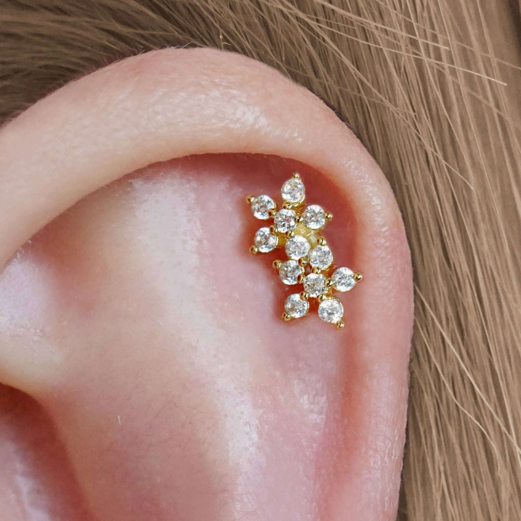 Crystal Double Flowers Ball Back & Flat Back Cartilage Earrings