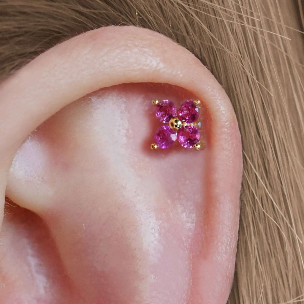 Ruby Four Leaf Clover Ball Back & Flat Back Cartilage Earrings