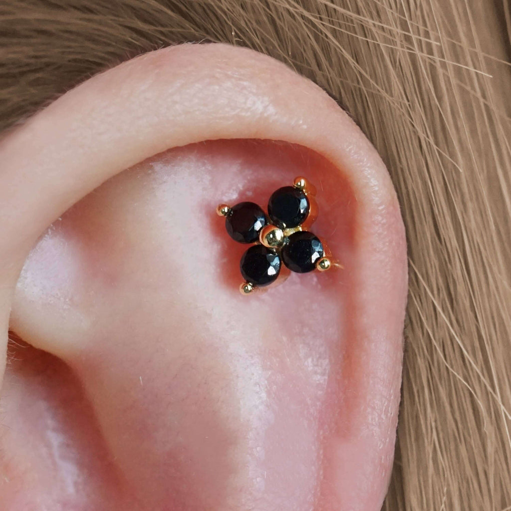 Black Spinel Four Leaf Ball Back & Flat Back Cartilage Earrings
