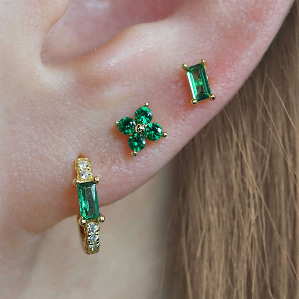 Emerald Green Four Leaf Clover Ball & Flat Back Cartilage Earrings