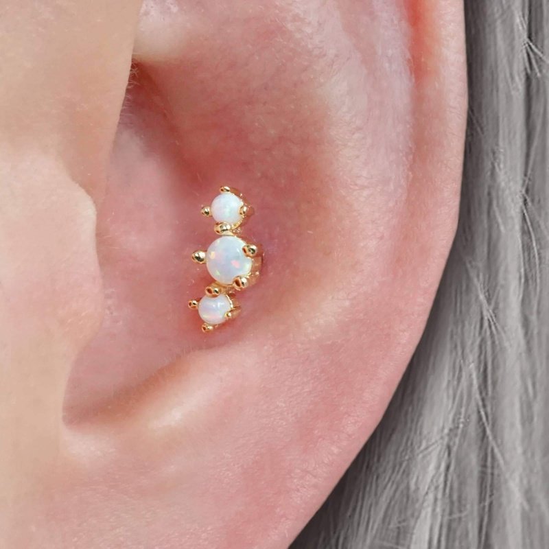 Curved Triple White Opal Prong Ball Back&Flat Back Cartilage Earrings