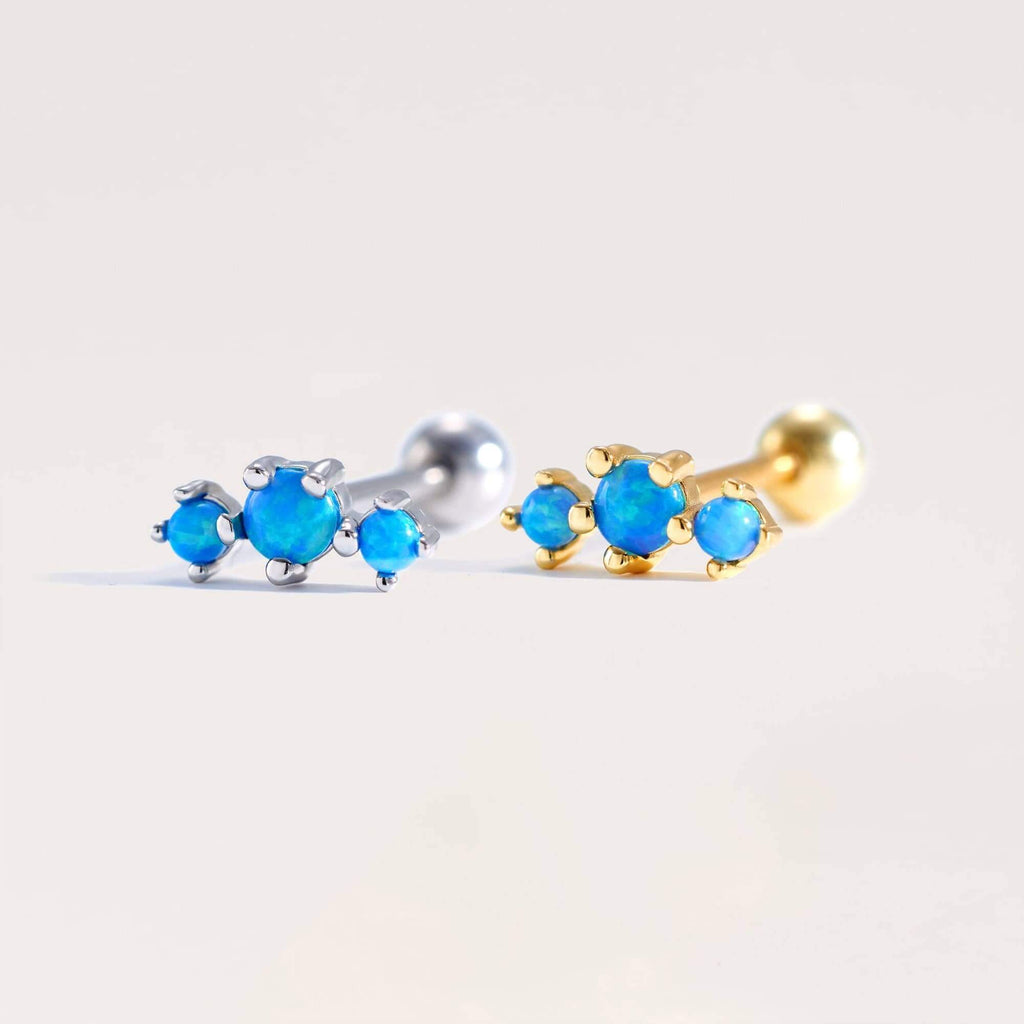 Curved Triple Blue Opal Prong Ball Back & Flat Back Cartilage Earrings