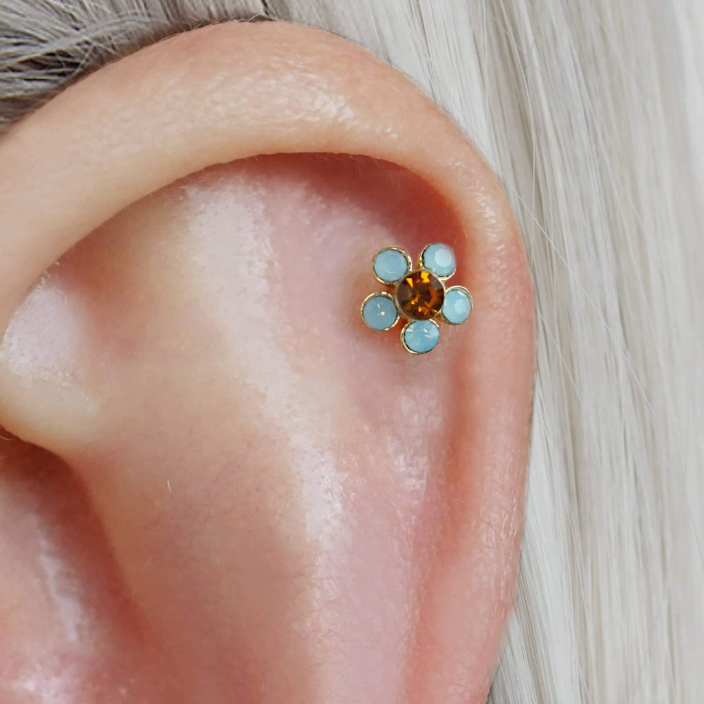 Five-leaf Flower Moonstone Ball Back & Flat Back Cartilage Earrings