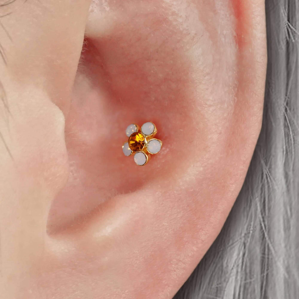 Five-leaf Flower Moonstone Ball Back & Flat Back Cartilage Earrings