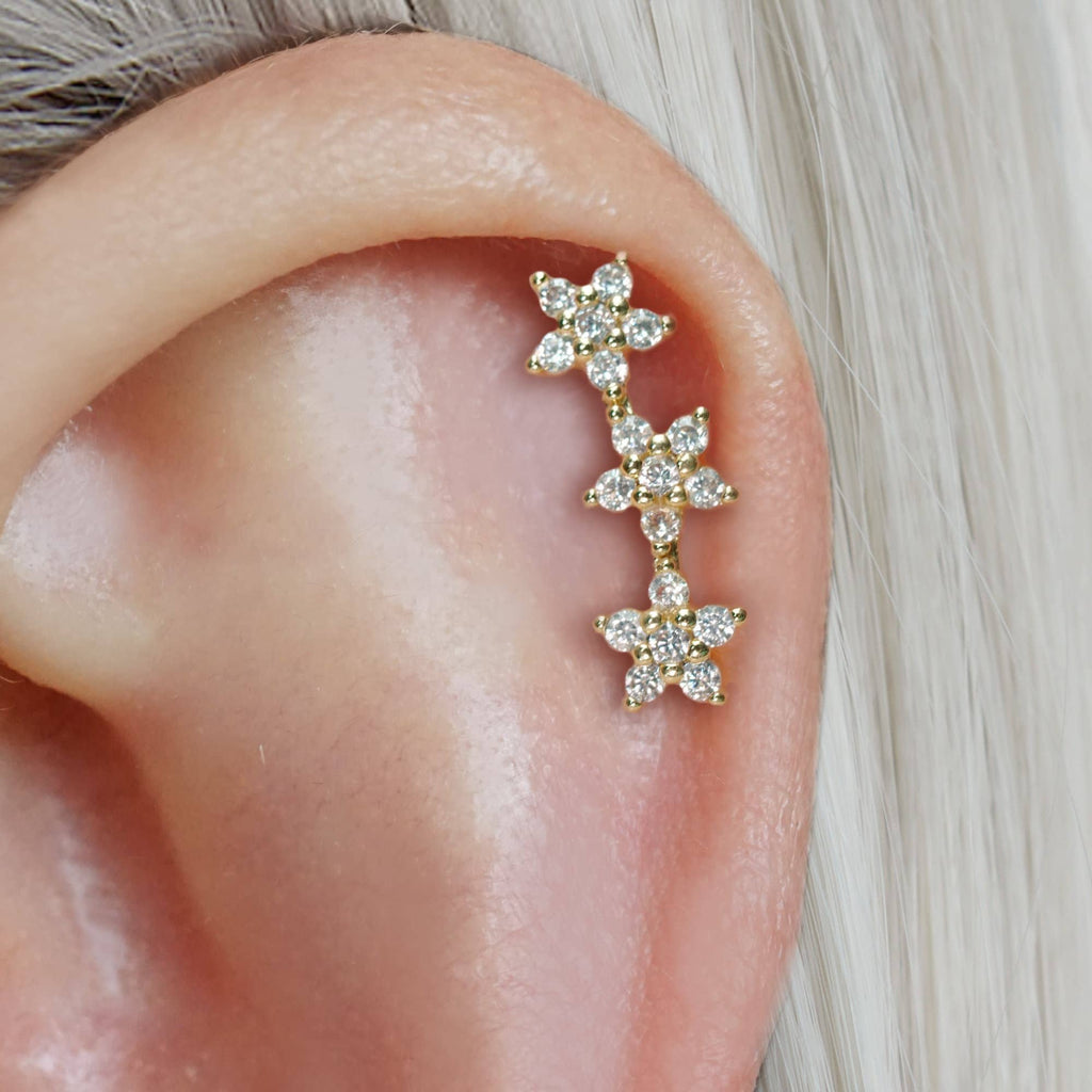 Triple Flowers Ball Back & Flat Back Cartilage Earrings