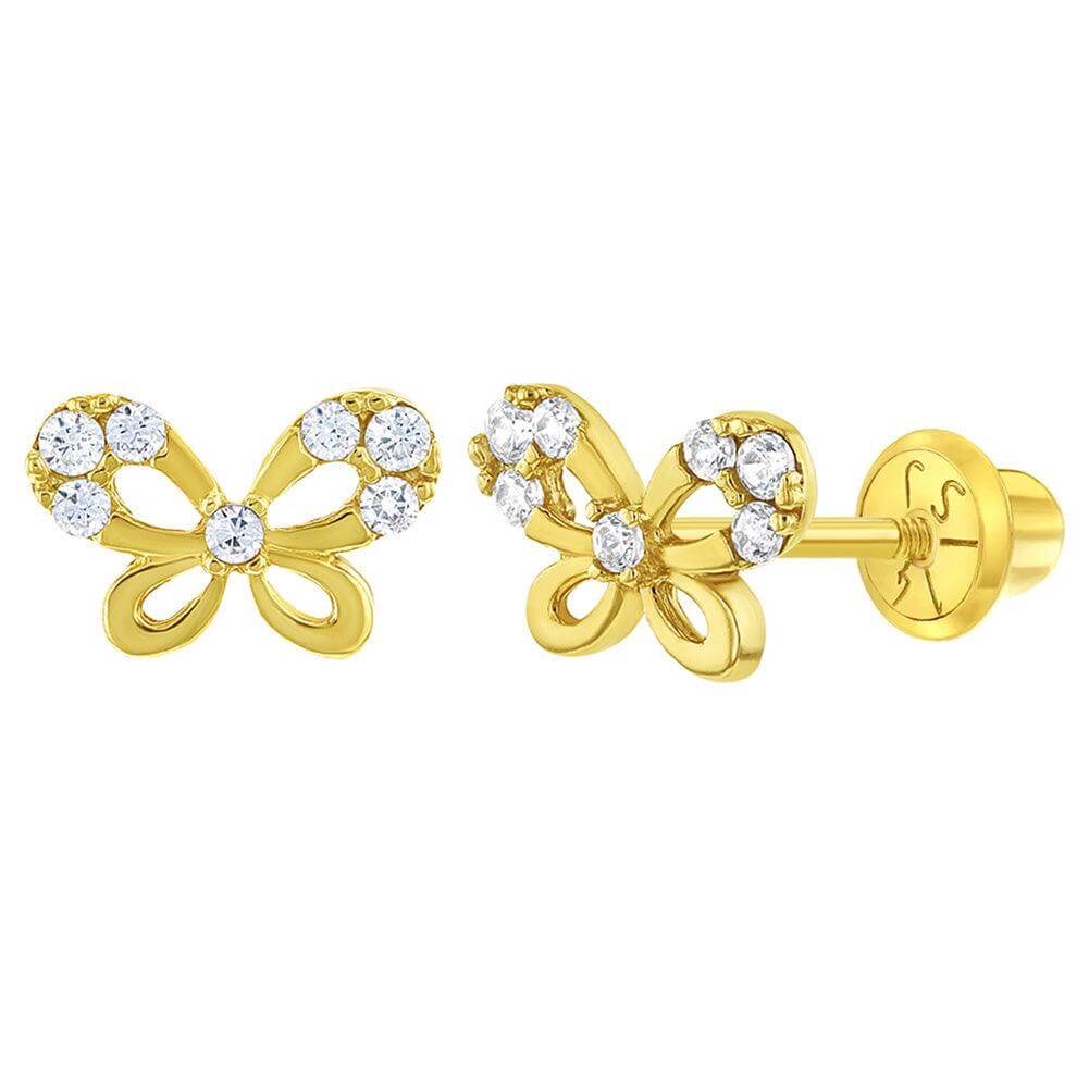 Jeweled Butterfly 14k Gold Plated Baby Children Screw Back Earrings - Trendolla Jewelry