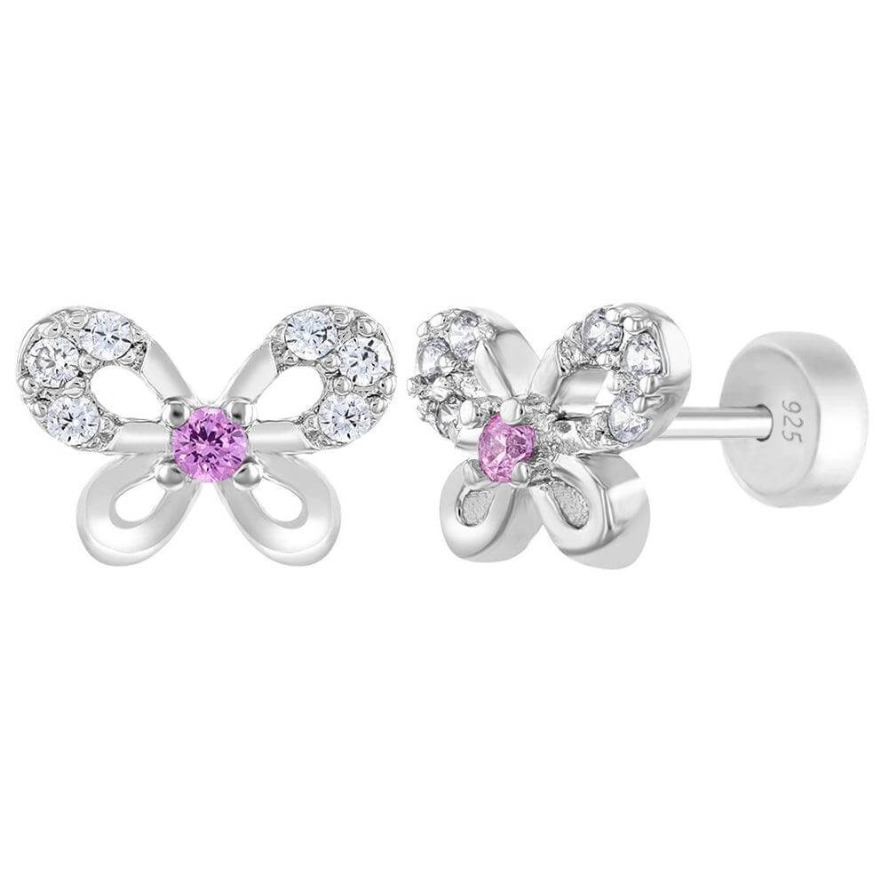 Jeweled Petite Butterfly Sterling Silver Baby Children Screw Back Earrings - Trendolla Jewelry
