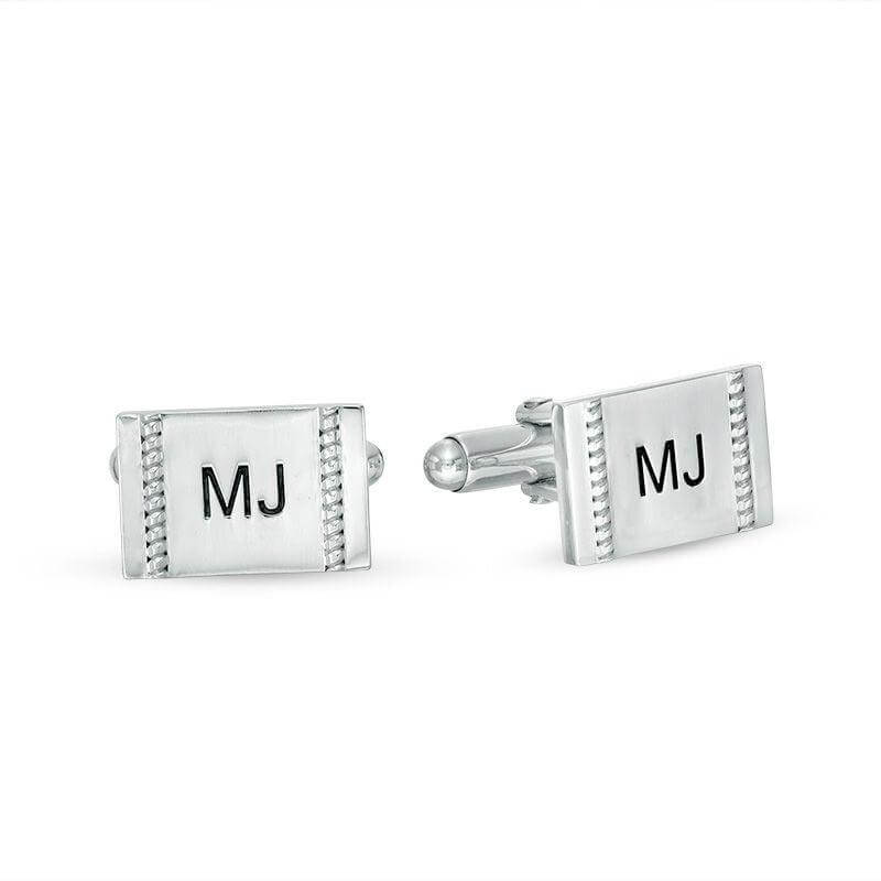 Men's Beaded Double Stripe Engravable Rectangle Cuff Links in Sterling Silver (1 Line) of Trendolla - Trendolla Jewelry