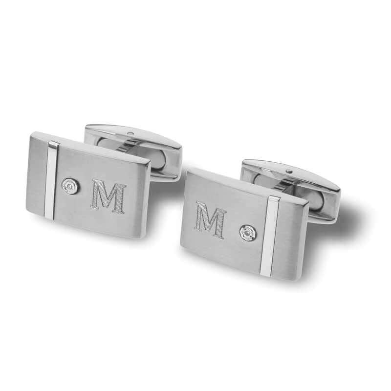 Men's Diamond Accent Rectangular Engravable Cuff Links in Stainless Steel (1 Initial) of Trendolla - Trendolla Jewelry