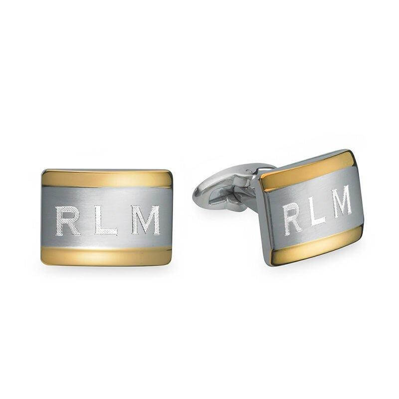Men's Engravable Rectangular Cuff Links in Stainless Steel and Yellow IP (1 Line) of Trendolla - Trendolla Jewelry