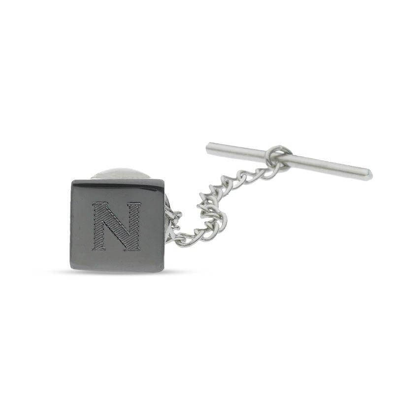 Men's Engravable Square Tie Tack in Brass with Gunmetal Grey Electroplate (1 Initial) of Trendolla - Trendolla Jewelry
