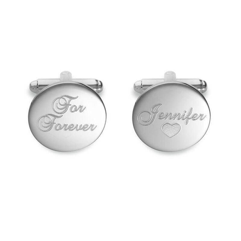 Men's "For Forever" with Heart Accent Engravable Circle Cuff Links in Sterling Silver with 18K Gold Plate (1 Name) of Trendolla - Trendolla Jewelry