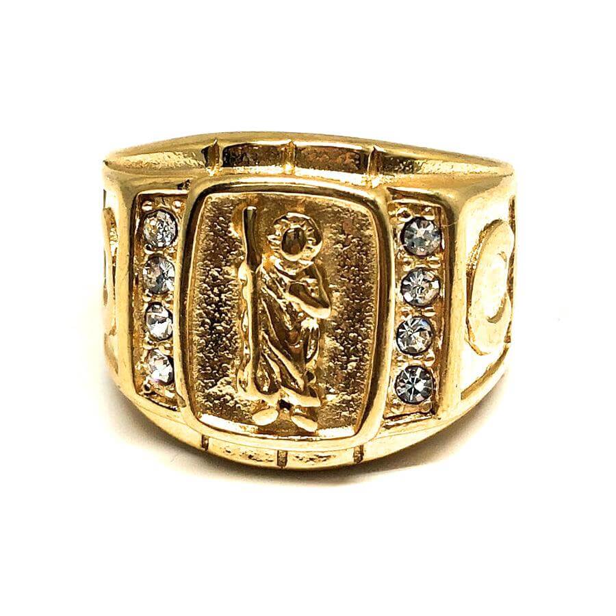 Men's Gold Plated San Judas Ring White Stone San Judas Ring Anillo - Trendolla Jewelry