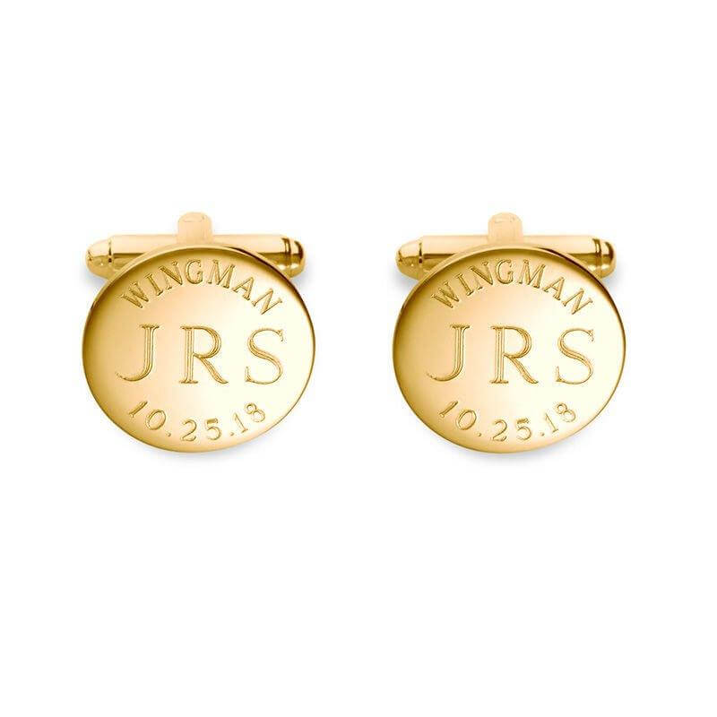 Men's "WINGMAN" Monogram Engravable Circle Cuff Links in Sterling Silver with 18K Gold Plate (3 Initials and 1 Date) of Trendolla - Trendolla Jewelry