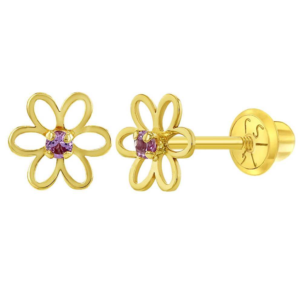 Open CZ Flower 14k Gold Plated Baby Children Screw Back Earrings - Trendolla Jewelry
