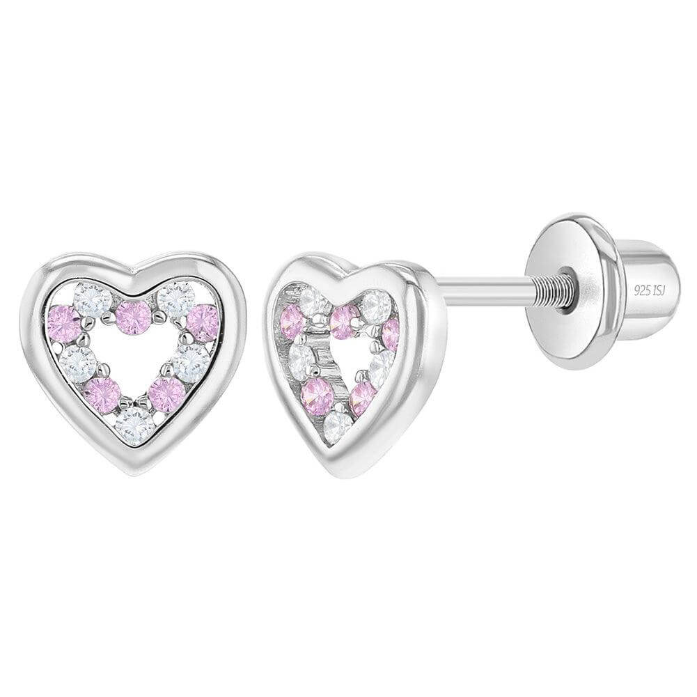 Open CZ Heart Pink  Clear Sterling Silver Baby Children Screw Back Earrings - Trendolla Jewelry