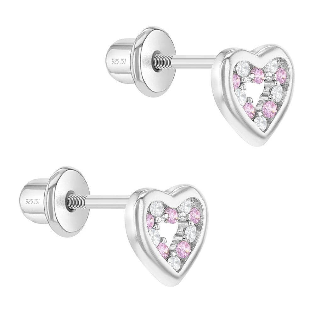 Open CZ Heart Pink  Clear Sterling Silver Baby Children Screw Back Earrings - Trendolla Jewelry