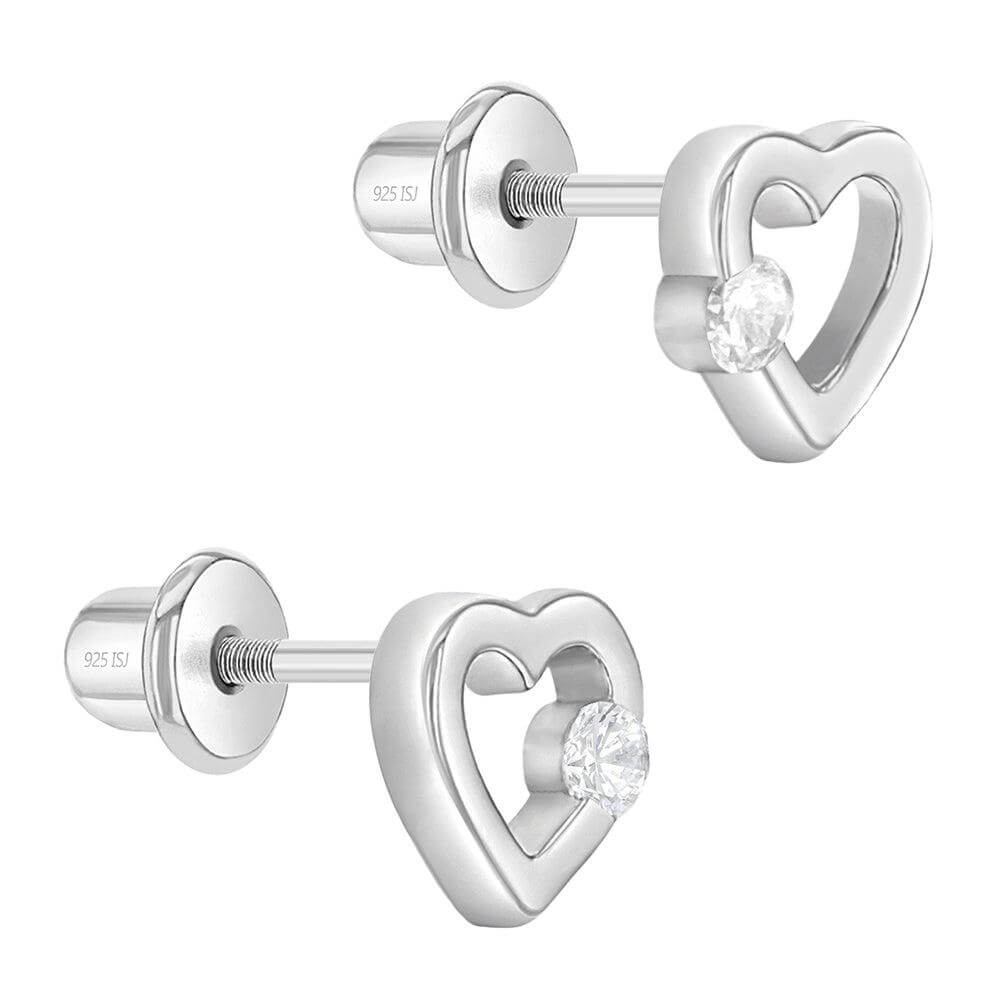 Open Heart with CZ Accent Sterling Silver Baby Children Screw Back Earrings - Trendolla Jewelry
